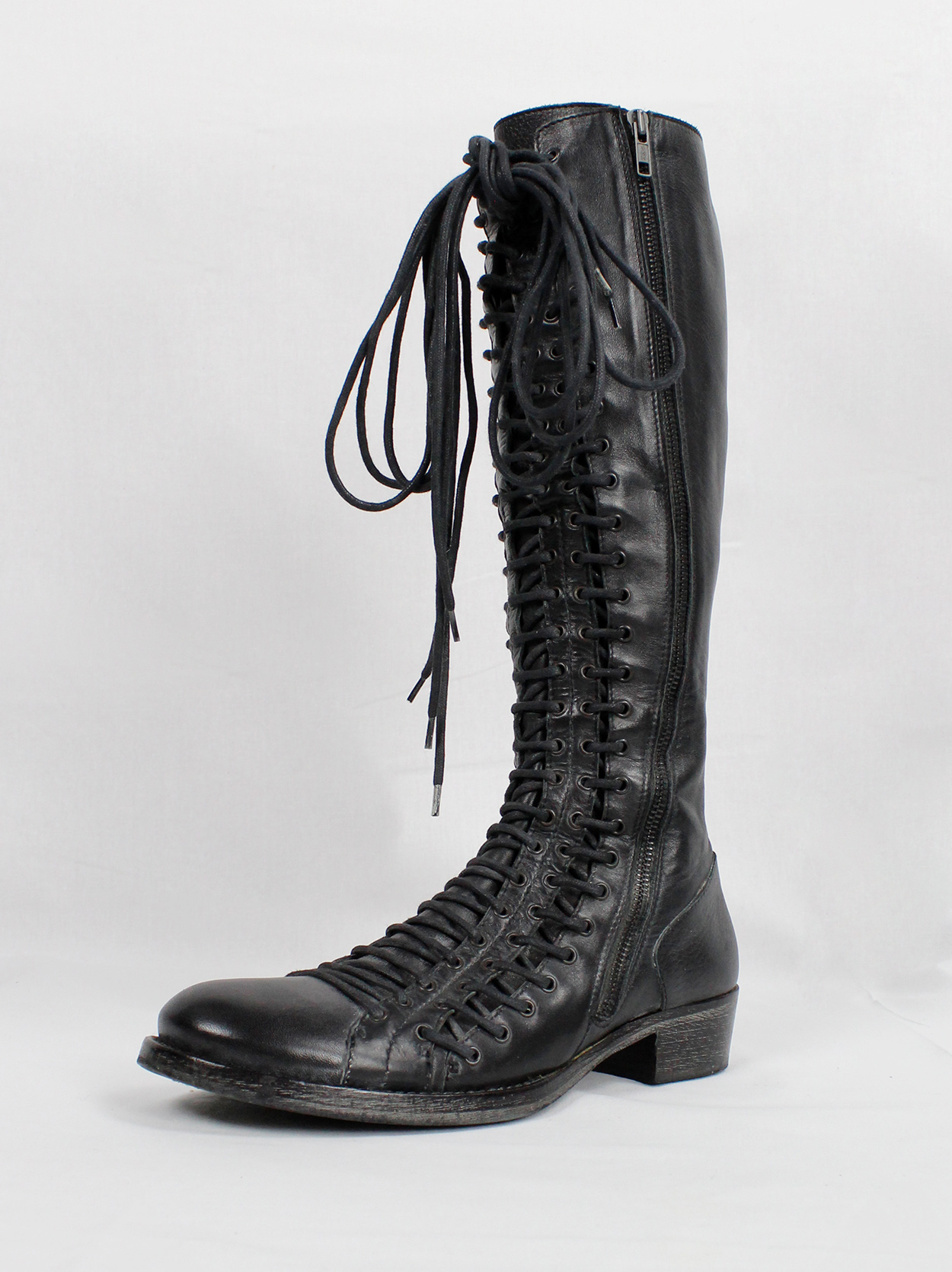 Ann Demeulemeester black tall boots with triple laces and low wooden ...