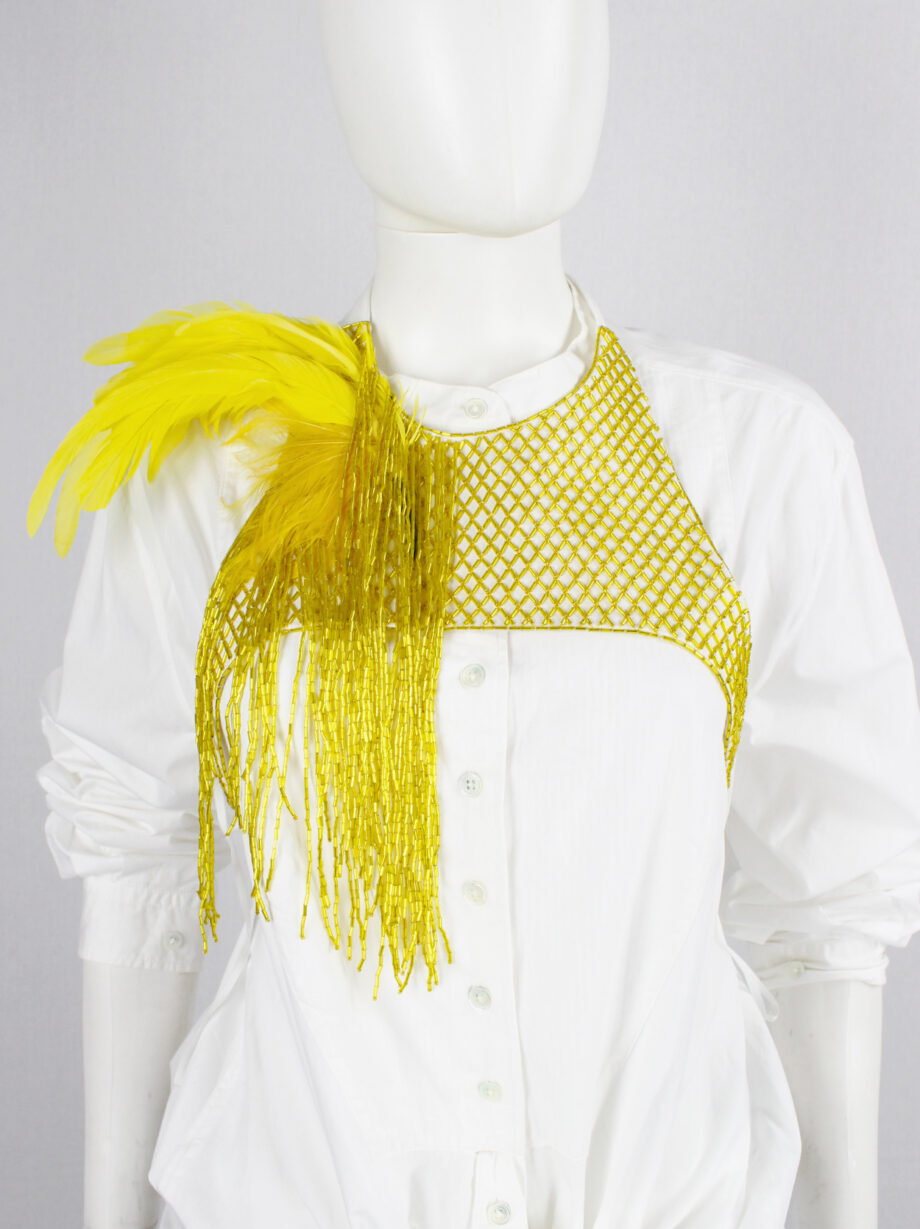 vintage Dries Van Noten yellow beaded harness with feathers and strands of beads spring 2019 (1)