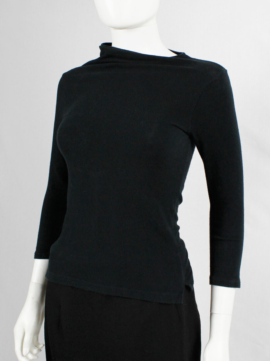 vintage Yohji Yamamoto black jumper with slanted turtleneck and cropped sleeves (2)
