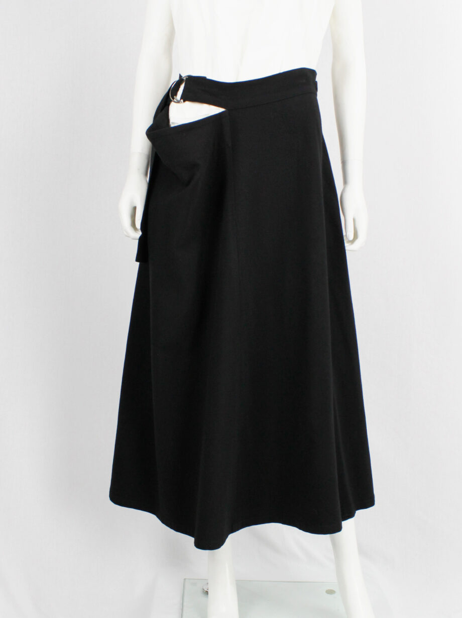 ys Yohji Yamamoto black cut out skirt with side drape and belt (1)