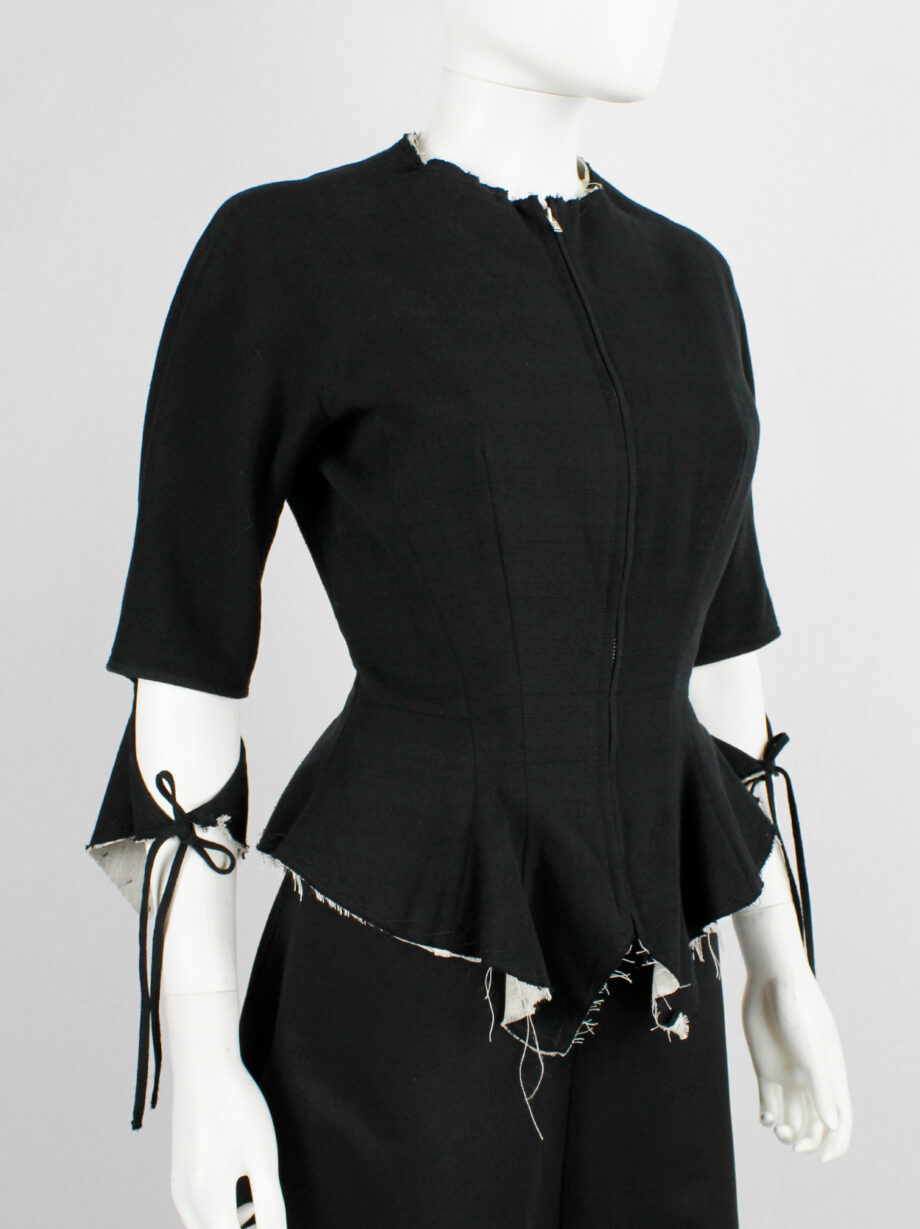 Yohji Yamamoto black peplum jacket with white frayed trims and cut out sleeves spring 2000 (24)