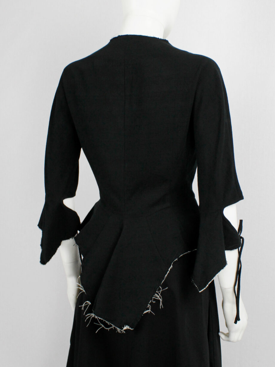 Yohji Yamamoto black peplum jacket with white frayed trims and cut out sleeves spring 2000 (28)
