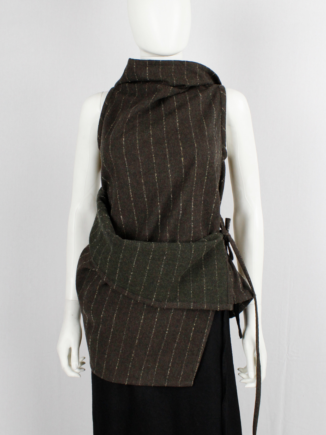 Ann Demeulemeester brown pinstripe wrapped and tied wool top — fall ...