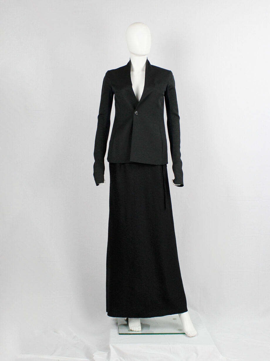 vintage Rick Owens black one button blazer with minimalist neckline and extra long sleeves (16)
