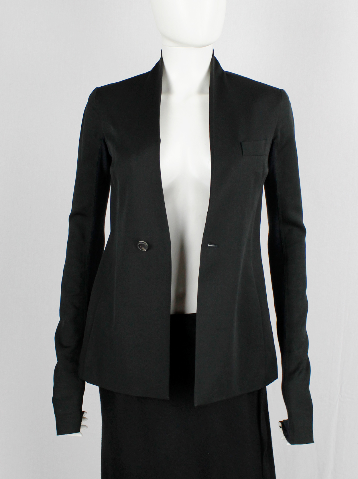 Rick Owens black one button blazer with minimalist neckline and extra ...