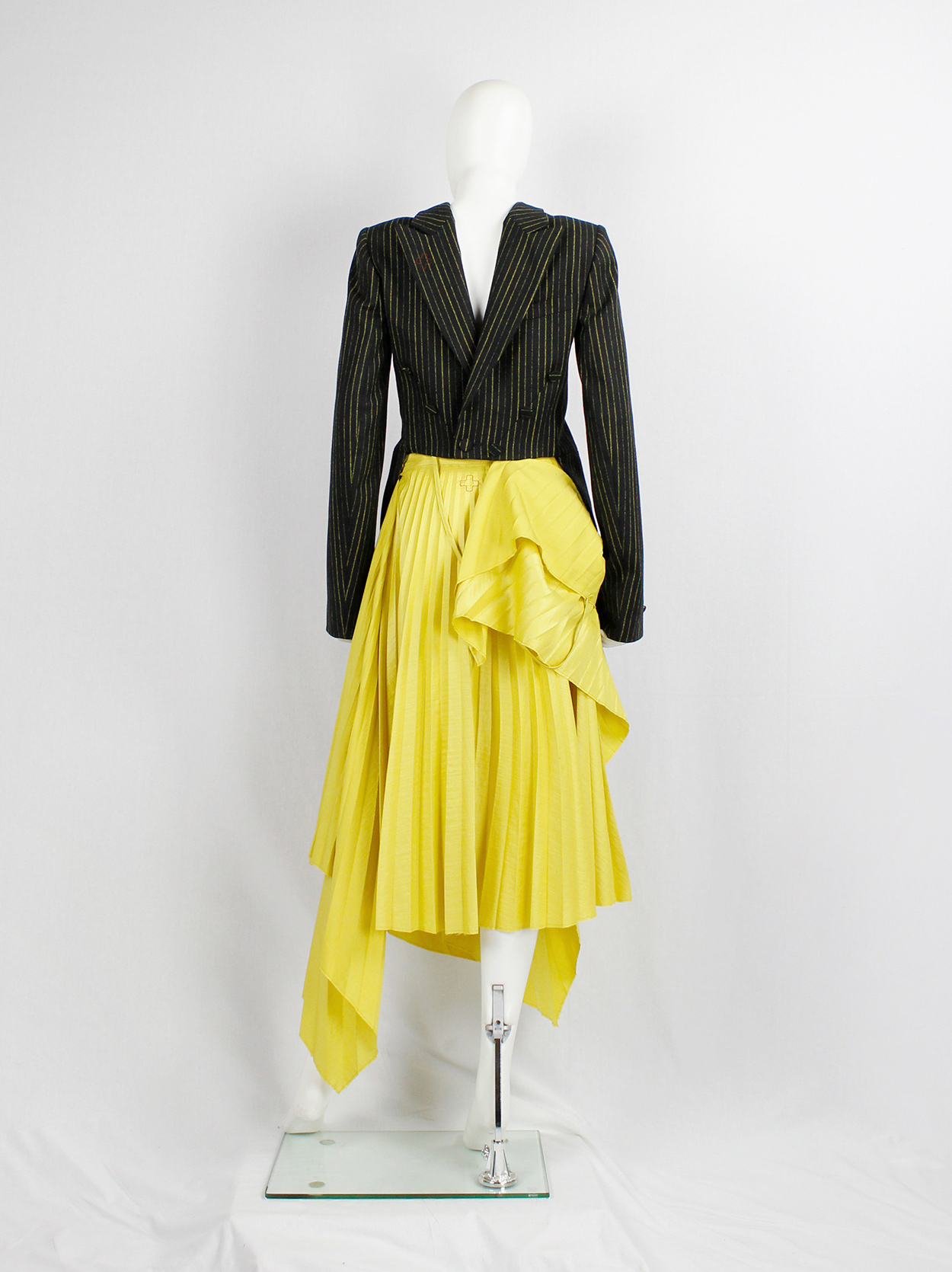 A.F. Vandevorst black long tailcoat with yellow pinstripes worn ...