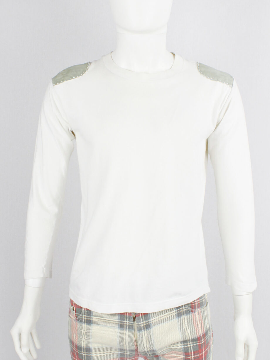 Maison Martin Margiela artisanal white jumper with leather shoulder patches 1999 2004 (1)