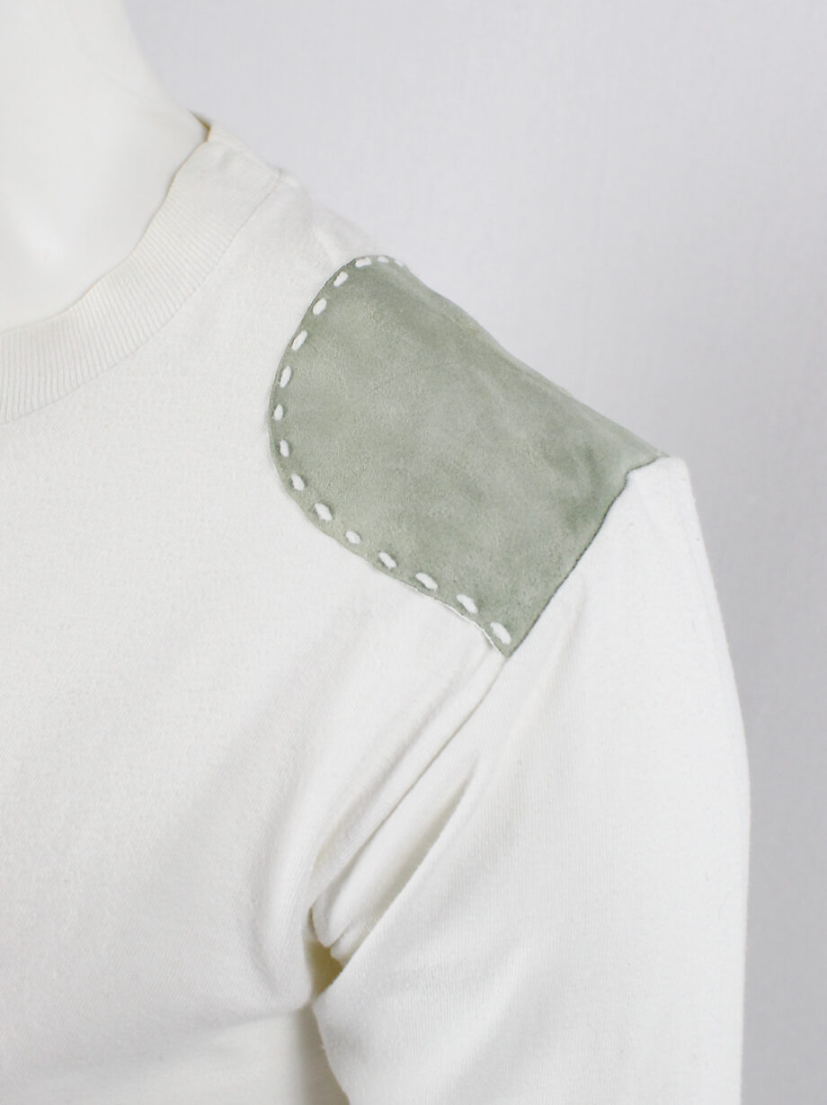 Maison Martin Margiela artisanal white jumper with leather shoulder patches 1999 2004 (2)