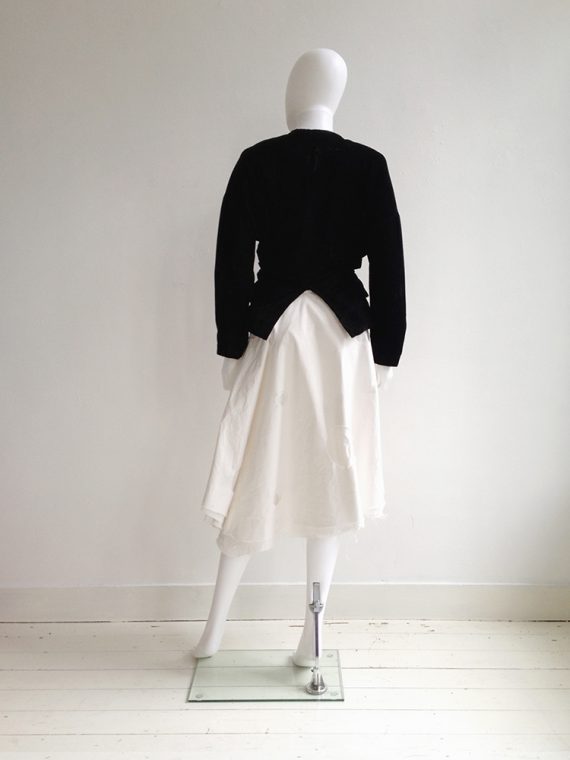 Comme des Garçons black deconstructed blazer – runway 1990 | Dirk Schönberger white paper skirt with cutout circles | Ann Demeulemeester white top with stitching detail | shop at vaniitas.com