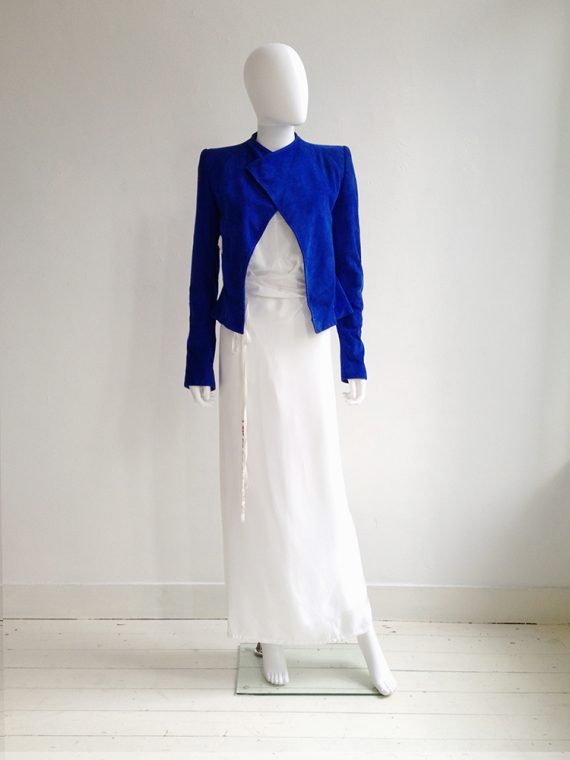 Haider Ackermann blue suede cutout jacket – spring 2012 | Ann Demeulemeester poetry skirt – spring 2000 | Ann Demeulemeester white tanktop | shop at vaniitas.com