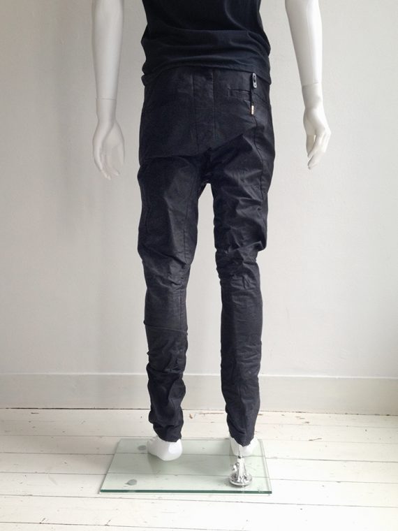 Boris Bidjan Saberi BBS black waxed drop crotch mens jeans with drawstring bottom2