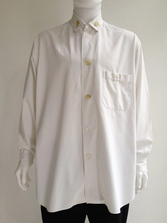 Yohji Yamamoto pour Homme white shirt with different buttons | Henrik Vibskov black trousers | shop at vaniitas.com