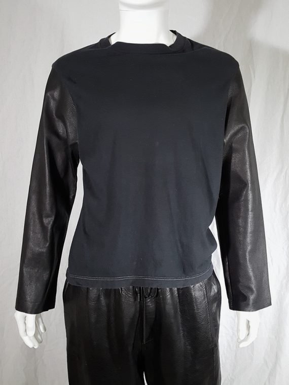 Maison Martin MArgiela artisanal black jumper with leather sleeves 144407