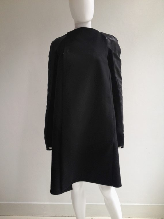 Rick Owens black minimalist coat with leather sleeves — 2011