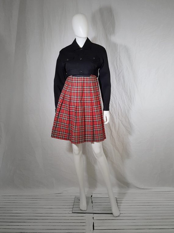 vintage Comme des Garcons tricot blue jacket with tartan dungaree skirt AD 1990