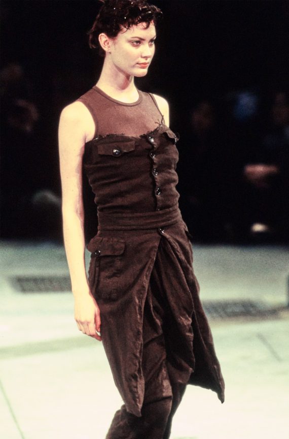 archive Comme des Garcons brown strapless button up dress — fall 1994