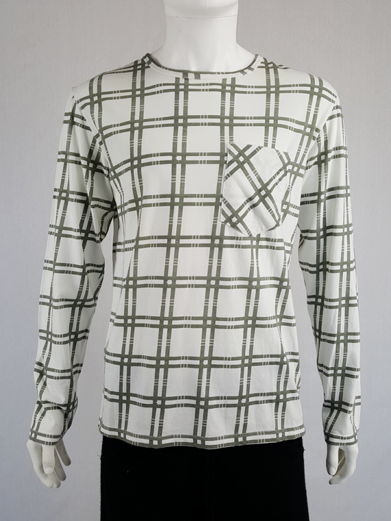 vintage Maison Martin Margiela men white longsleeve top with green tartan stripes spring 2004 130202