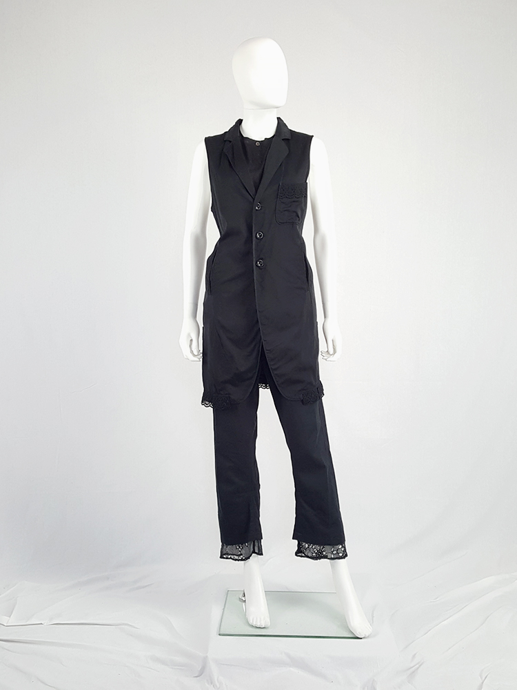 Y's Yohji Yamamoto black long vest with lace trimmings - V A N II T A S