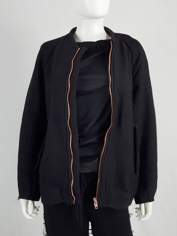 vaniitas Avelon black bomber jacket with frayed trims and copper zipper 122230