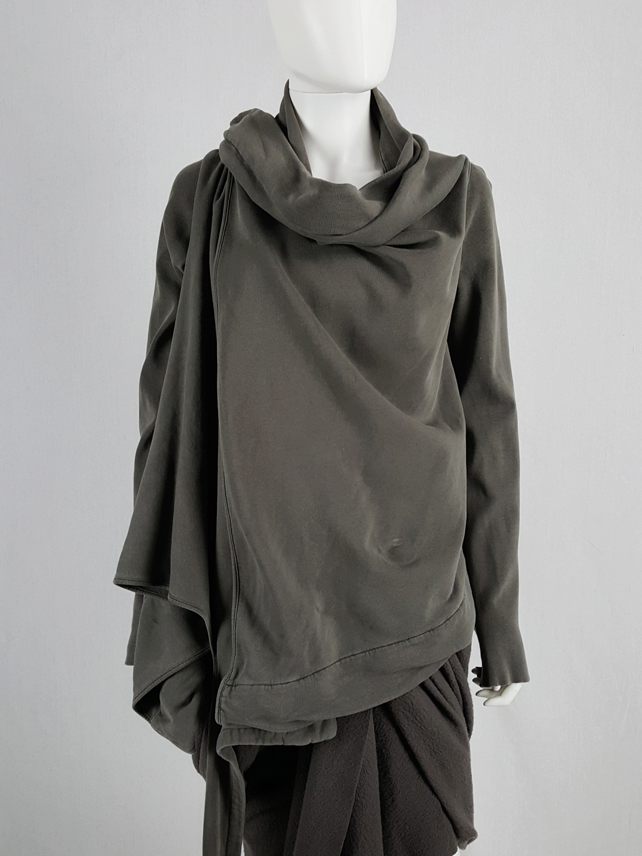 Rick Owens DRKSHDW green wrapped cowl neck jumper with waterfall front ...