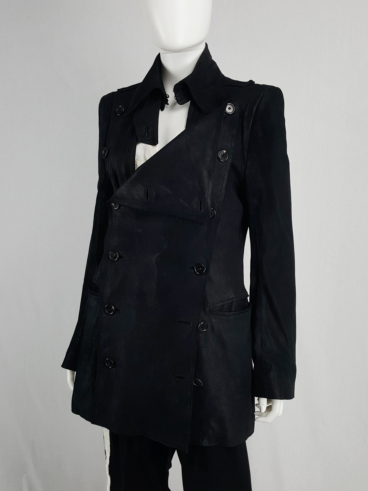 Ann Demeulemeester black leather double breasted military coat — fall ...