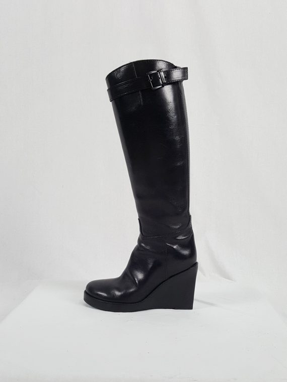 vaniitas vintage Ann Demeulemeester tall black wedge boots with belt strap detail 153807