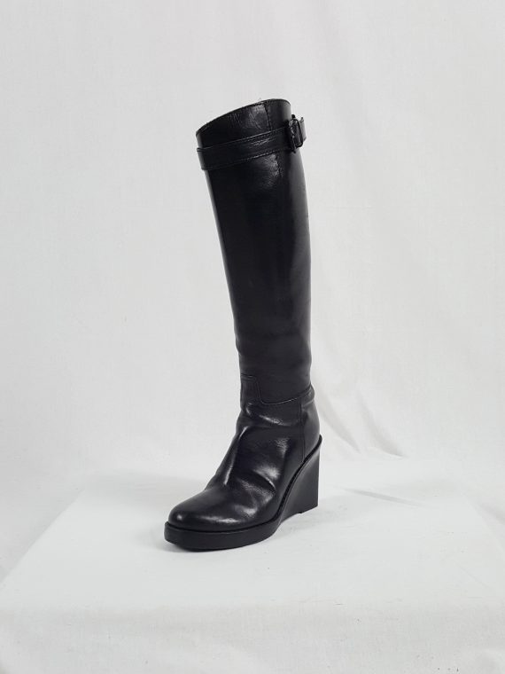 vaniitas vintage Ann Demeulemeester tall black wedge boots with belt strap detail 153930