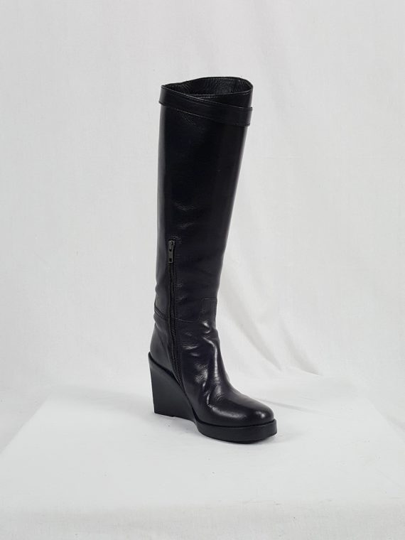 vaniitas vintage Ann Demeulemeester tall black wedge boots with belt strap detail 154005