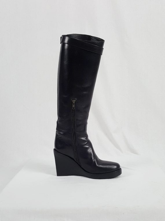 vaniitas vintage Ann Demeulemeester tall black wedge boots with belt strap detail 154019