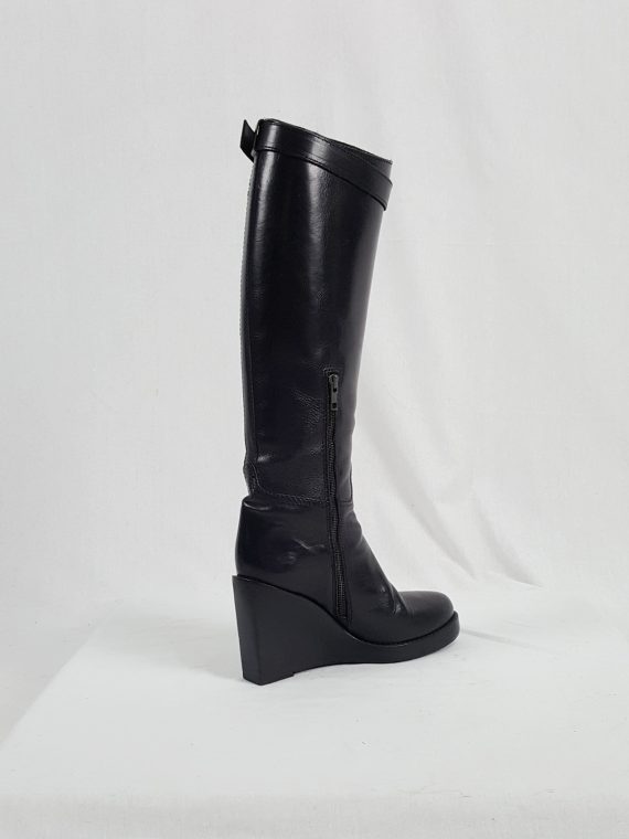 vaniitas vintage Ann Demeulemeester tall black wedge boots with belt strap detail 154034