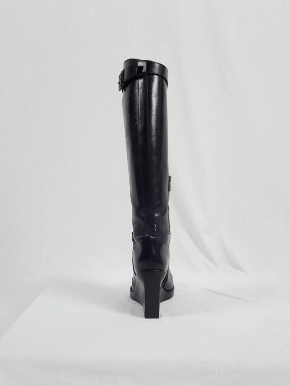 vaniitas vintage Ann Demeulemeester tall black wedge boots with belt strap detail 154056