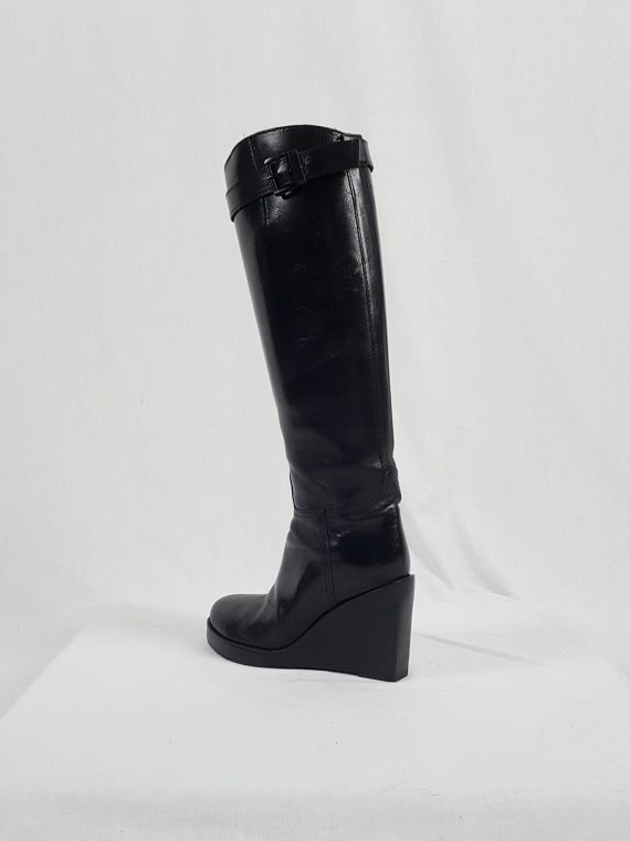 vaniitas vintage Ann Demeulemeester tall black wedge boots with belt strap detail 154112
