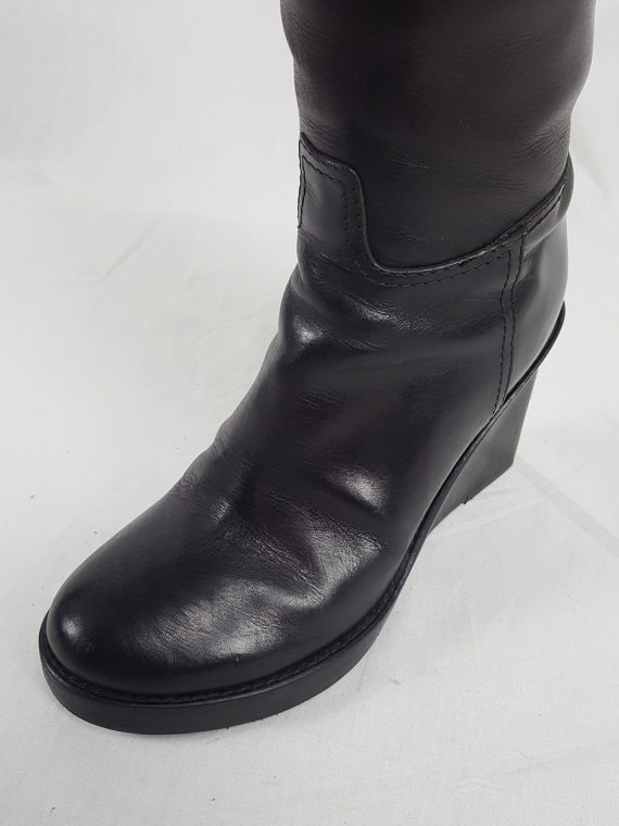 vaniitas vintage Ann Demeulemeester tall black wedge boots with belt strap detail 154139