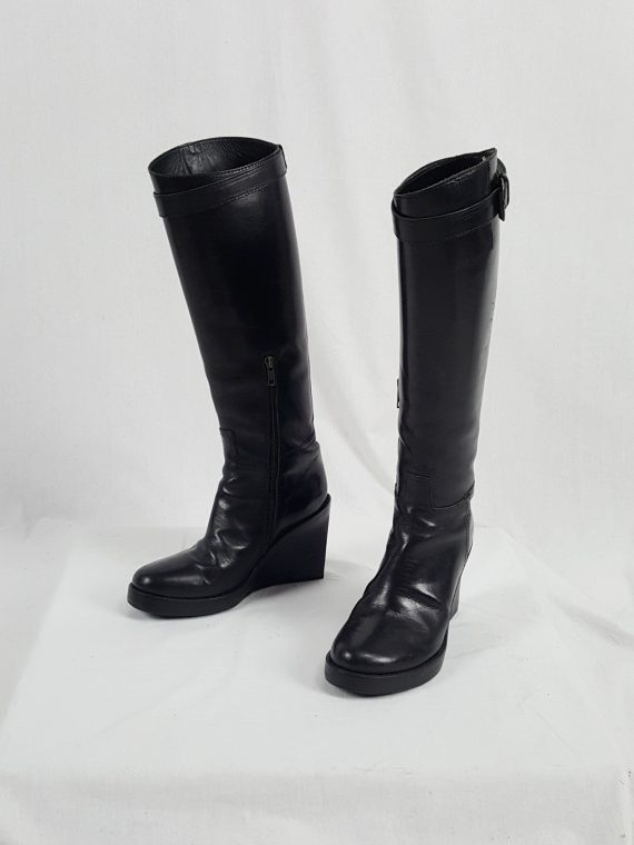vaniitas vintage Ann Demeulemeester tall black wedge boots with belt strap detail 154258(0)