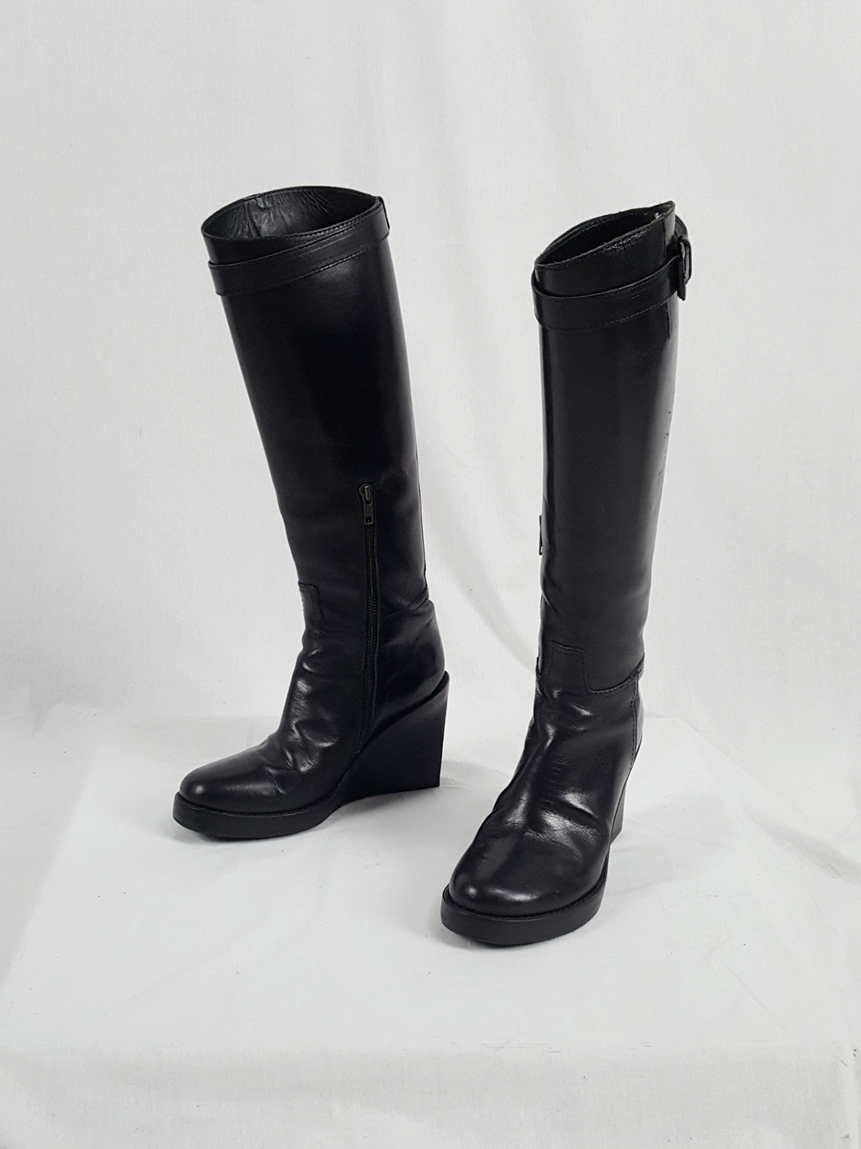 Ann Demeulemeester tall black wedge boots with belt strap detail (38 ...