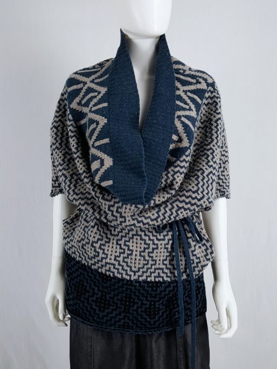 Vaniitas Dries Van Noten blue and beige knit top with geometric motif fall 2004 153602