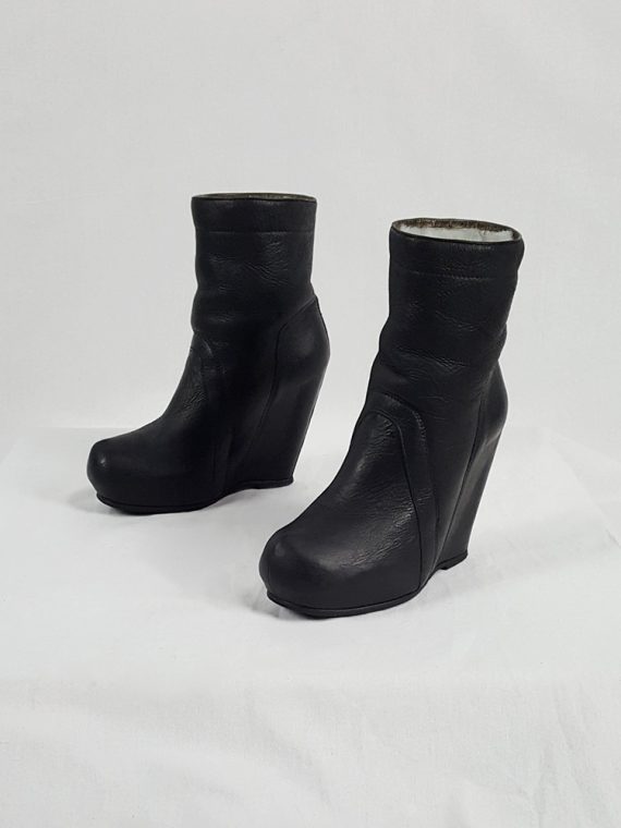 vaniitas vintage Rick Owens black ankle boots with tall wedge and sheep lining 213426