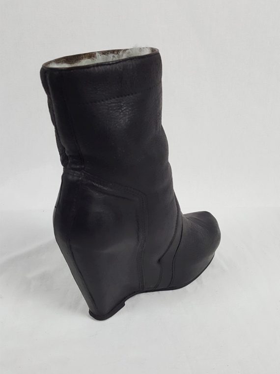 vaniitas vintage Rick Owens black ankle boots with tall wedge and sheep lining 213805