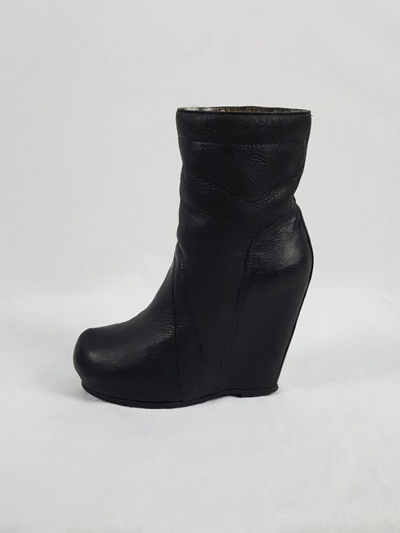 vaniitas vintage Rick Owens black ankle boots with tall wedge and sheep lining 213940