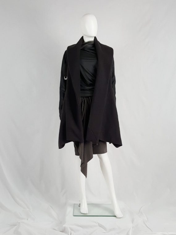 vaniitas vintage Rick Owens dark green shawl coat with belt strap and leather sleeves 172137