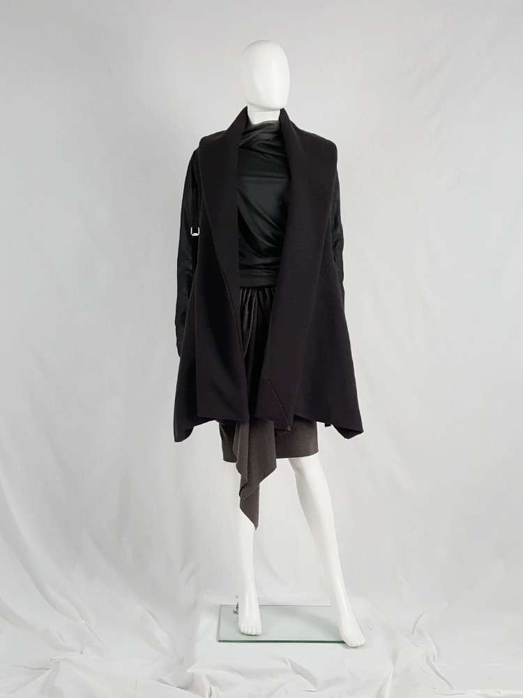 Rick Owens dark green shawl coat with belt strap and leather sleeves ...