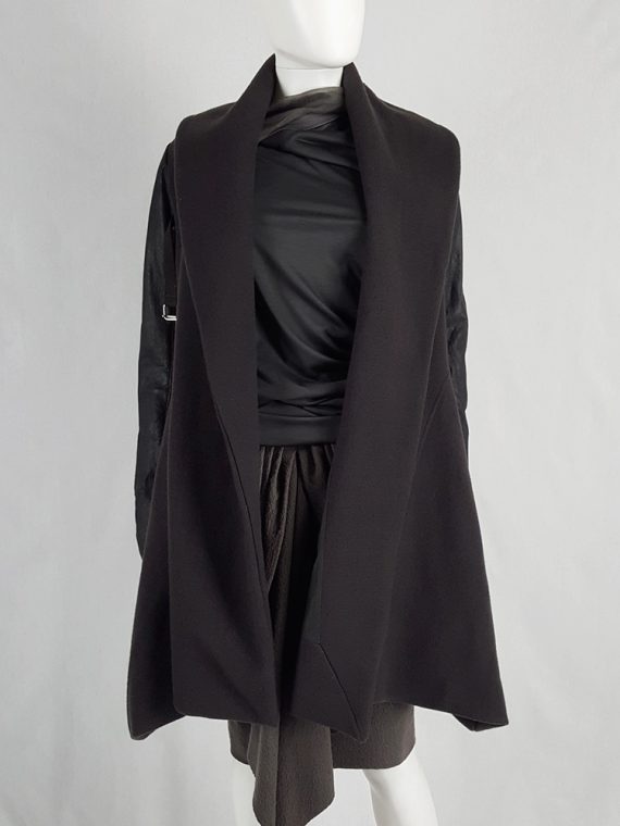 vaniitas vintage Rick Owens dark green shawl coat with belt strap and leather sleeves 172201(0)