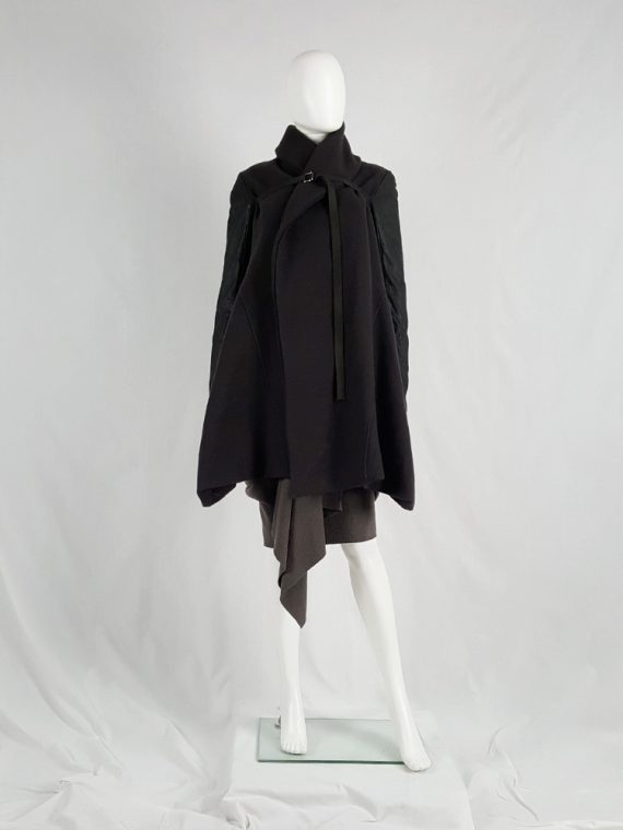 vaniitas vintage Rick Owens dark green shawl coat with belt strap and leather sleeves 172517