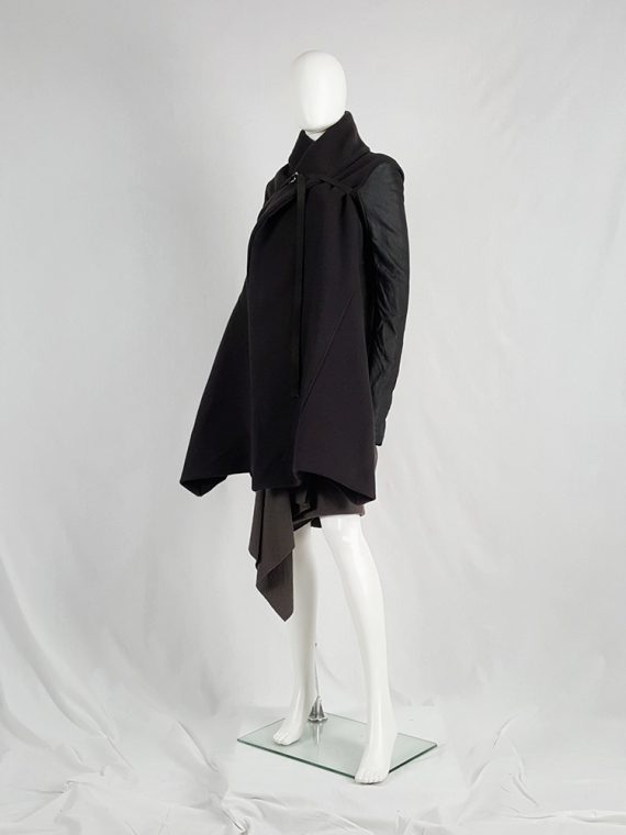 vaniitas vintage Rick Owens dark green shawl coat with belt strap and leather sleeves 172716
