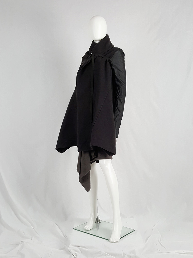 Rick Owens dark green shawl coat with belt strap and leather sleeves ...