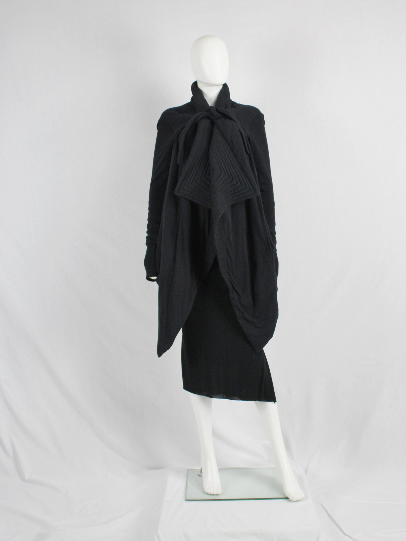 Rick Owens lilies black draped coat with tie front and triangular ...
