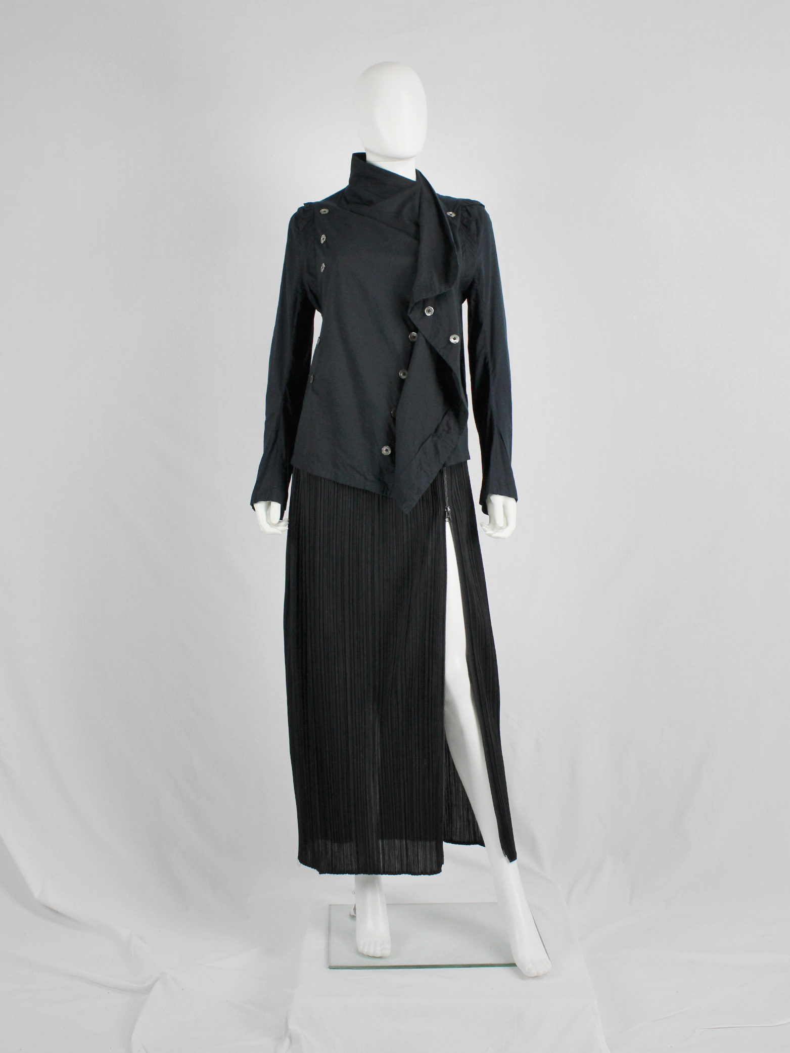 Ann Demeulemeester black shirt with standing neckline and a double row ...