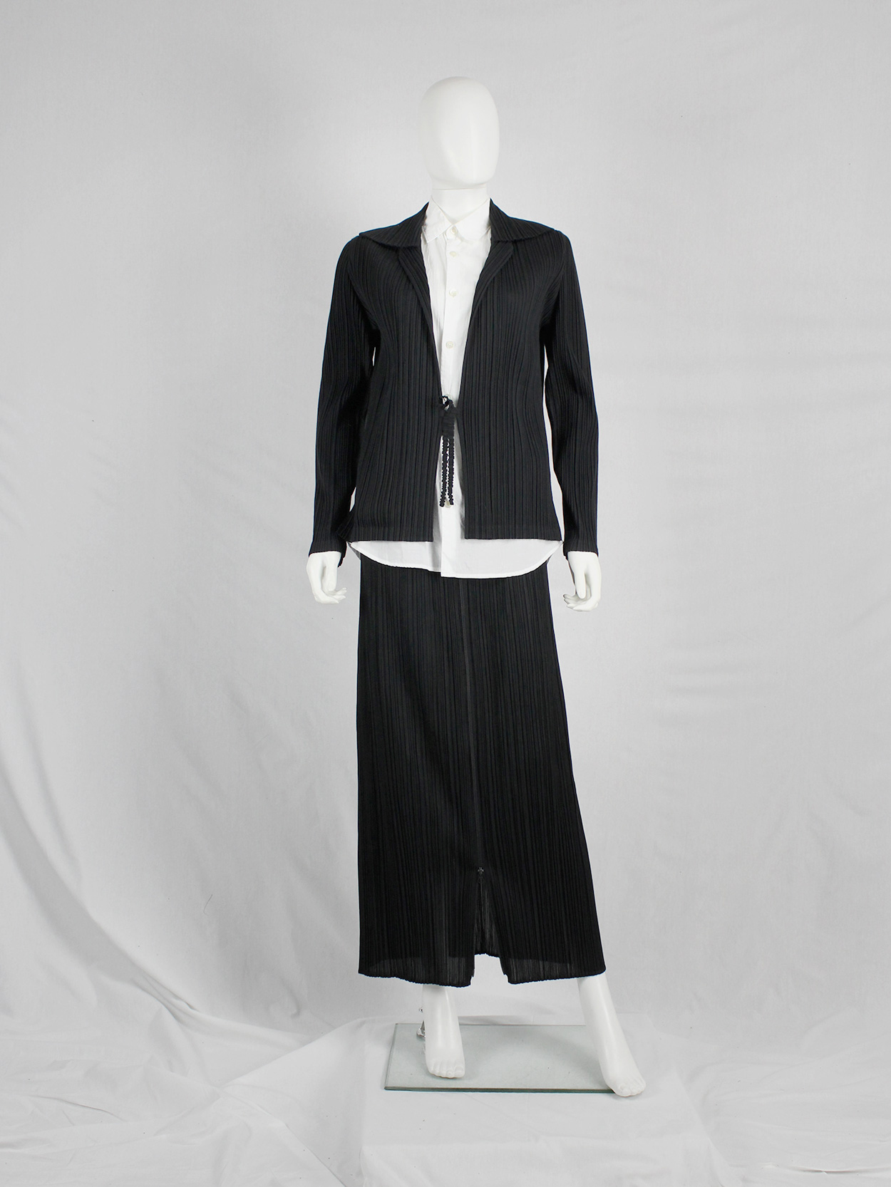 Issey Miyake Pleats Please black pleated cardigan with lapels and