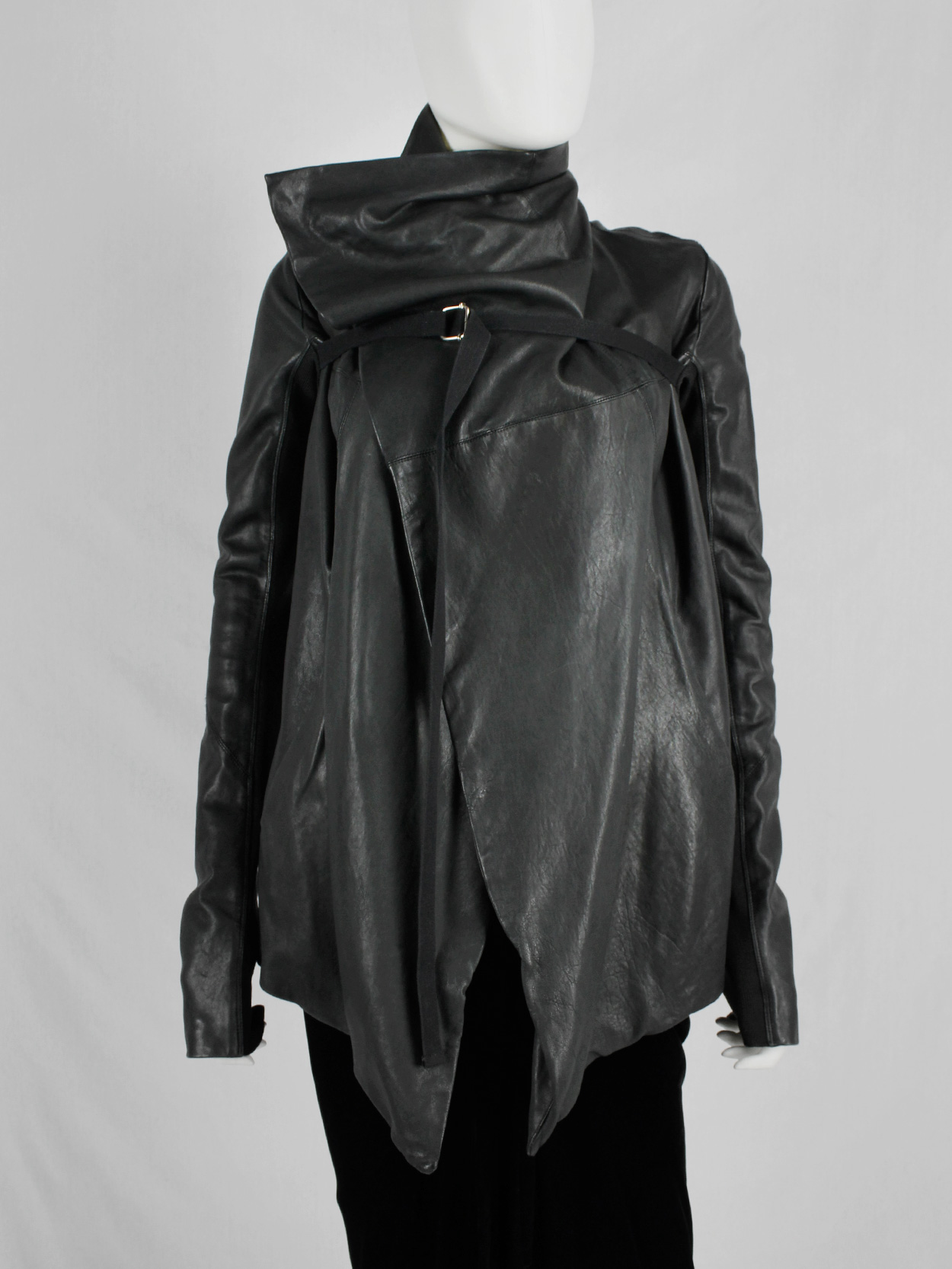 vaniitas Rick Owens black leather jacket with overlap front and cross-body strap 6223