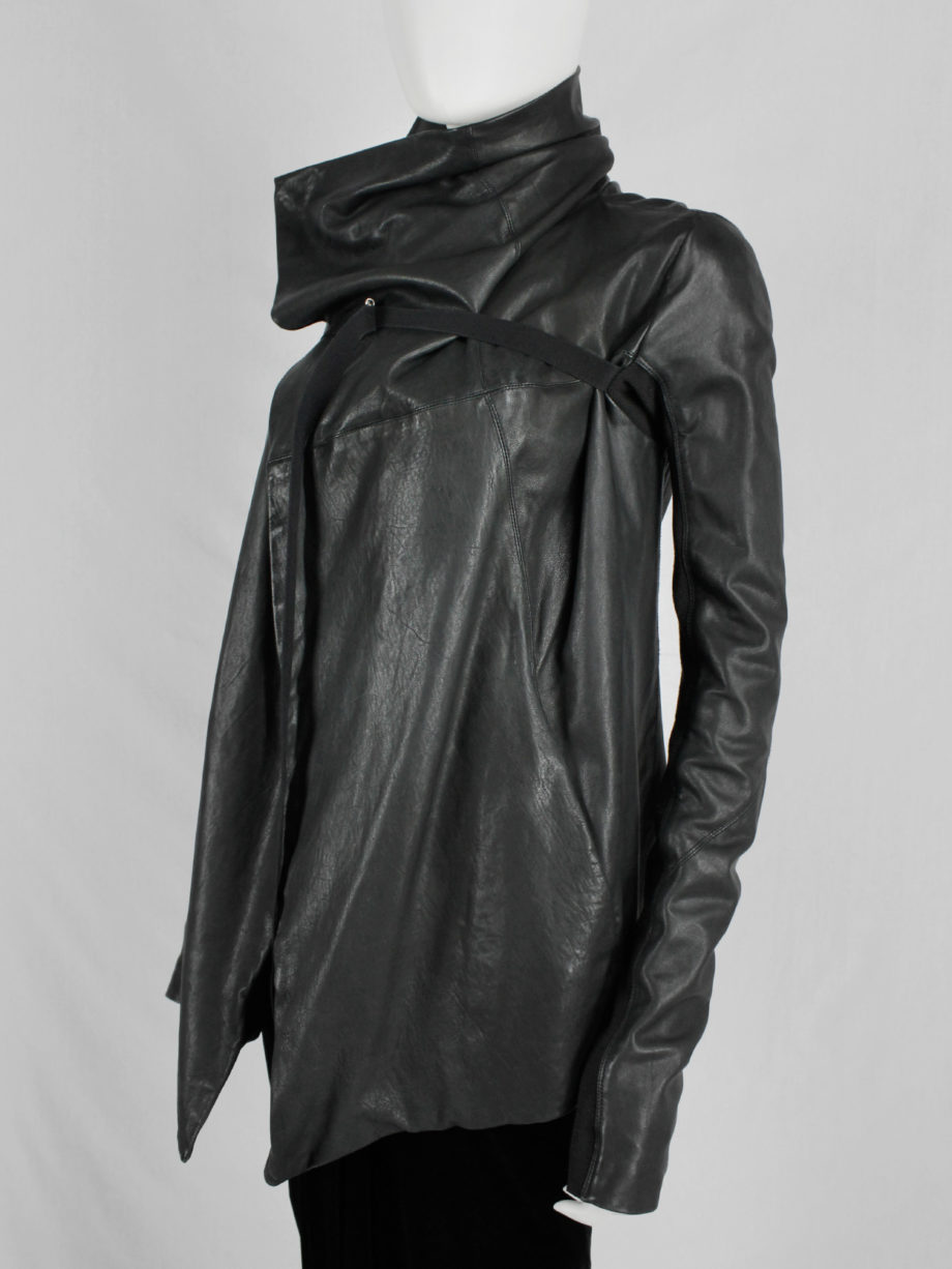 vaniitas Rick Owens black leather jacket with overlap front and cross-body strap 6250